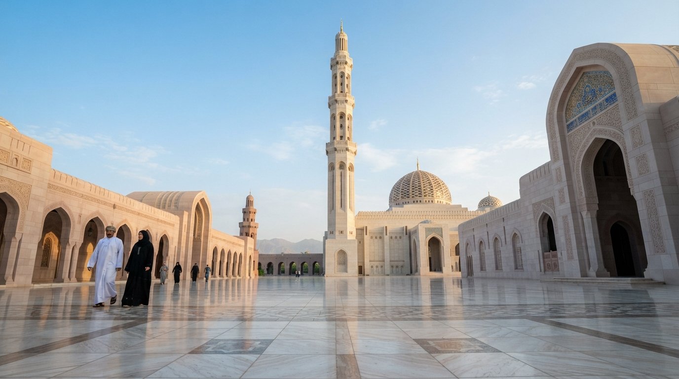 La Grande Moschea del Sultano Qaboos ad Al Khuwair alla luce del mattino, il suo vasto cortile e il minareto visti da una prospettiva bassa con la pietra pallida che brilla sotto il cielo azzurro di Mascate