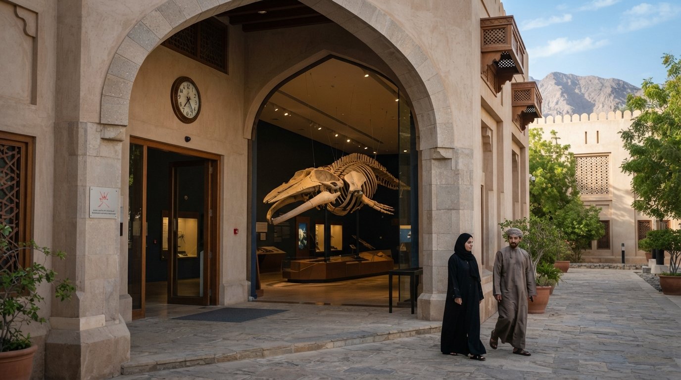 L’ingresso del Museo di Storia Naturale dell’Oman nel complesso del Ministero del Patrimonio, con lo scheletro montato di capodoglio visibile all’interno di una galleria compatta e illuminata sobriamente