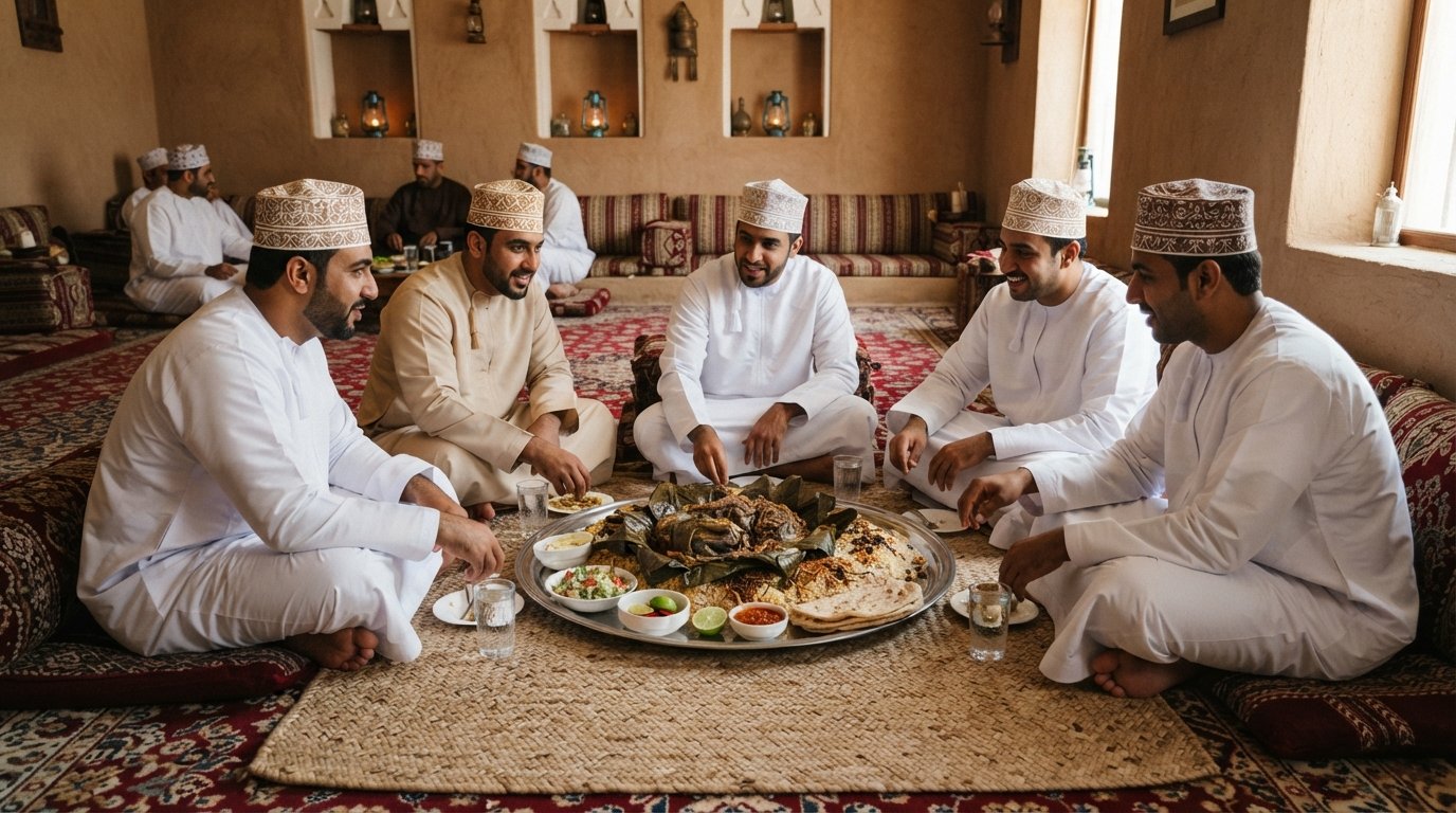 Una sala da pranzo privata con tappeti da Bin Ateeq ad Al Khuwair, seduti a terra attorno a un grande vassoio comune con shuwa e majboos serviti tradizionalmente