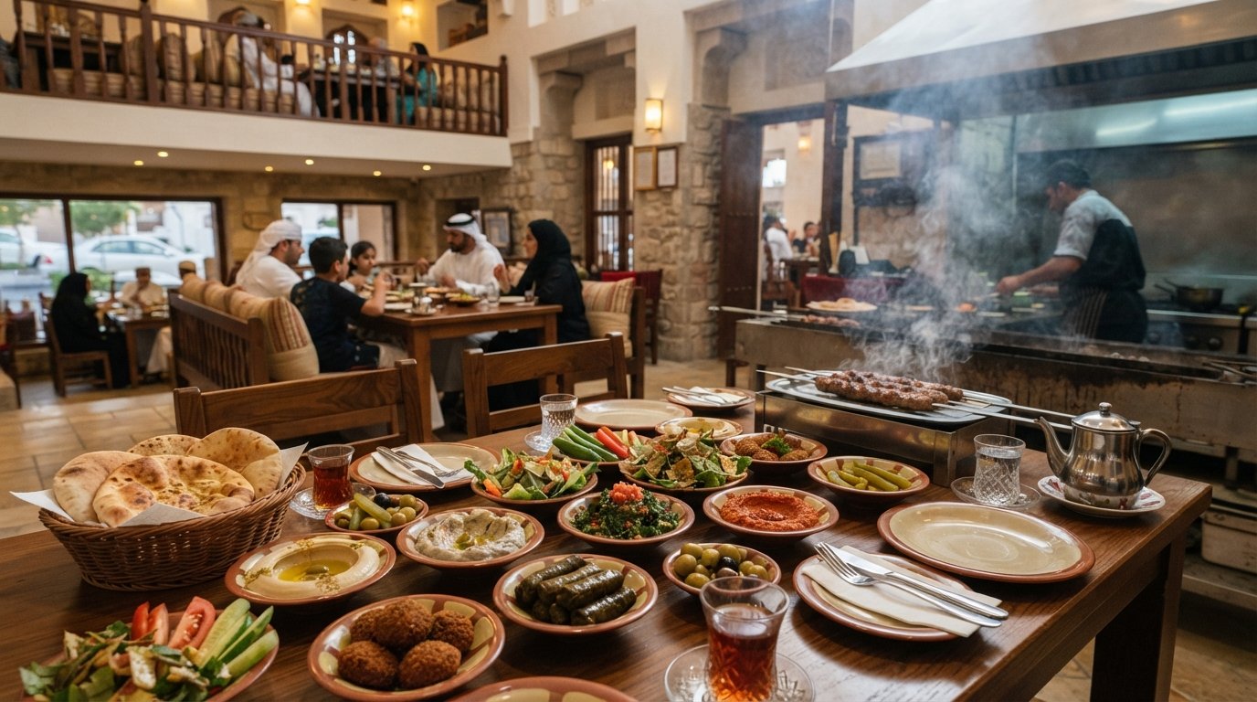 Un abbondante mezze libanese da Al Jood ad Al Khuwair, con fumo di griglia al carbone, manakish fresco e posti a sedere per famiglie visibili al piano di sopra