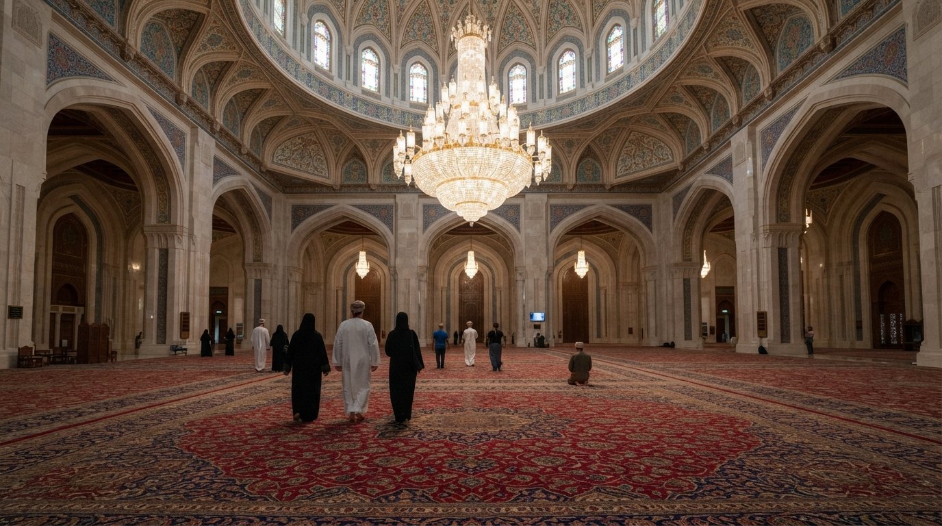 La sala di preghiera interna della Grande Moschea del Sultano Qaboos ad Al Khuwair, con il gigantesco lampadario di cristallo e il vasto tappeto decorato visti nella luce morbida del mattino