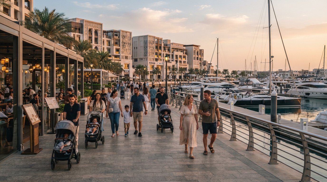 Al Mouj marina promenade i golden hour, spadserende og motionister forbi glasfrontede restauranter med lystbåde fortøjede bagved