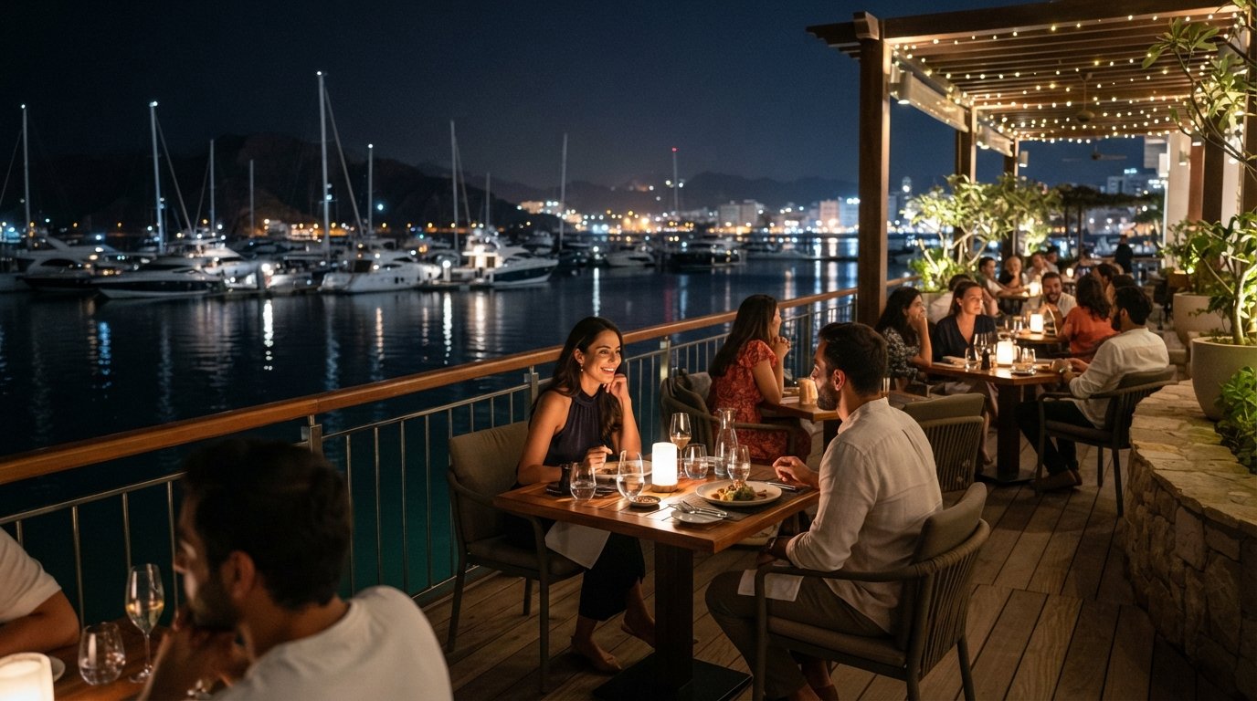 Huqqas marinaside terrasse om natten, borde oplyst over vandet med lystbåde og refleksioner bagved