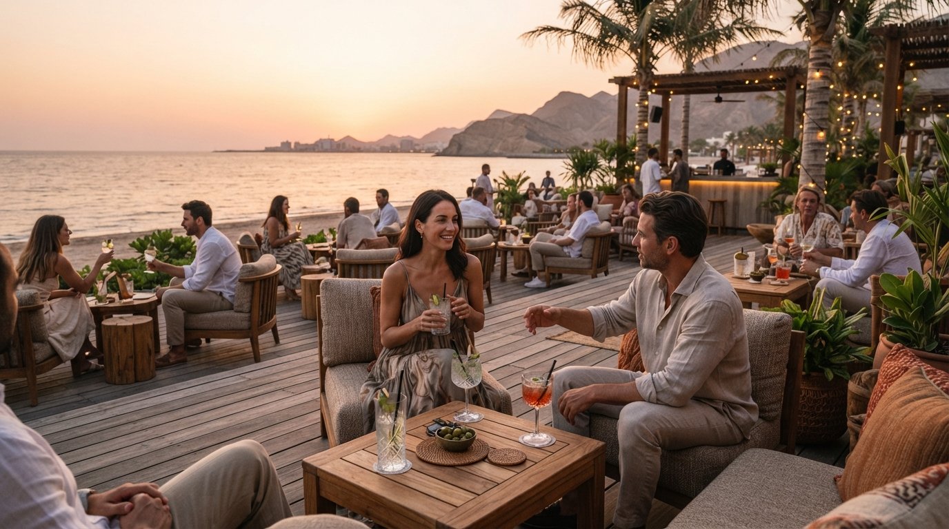 Zale Beach Club & Lounge på Kempinski, beachfront-dæk ved solnedgang med lave borde, cocktails og havet bagved