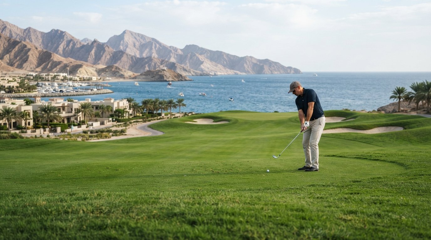 Almouj Golf fairway nær kysten, trimmet grønt græs med havet og Hajar-bjergene i baggrunden