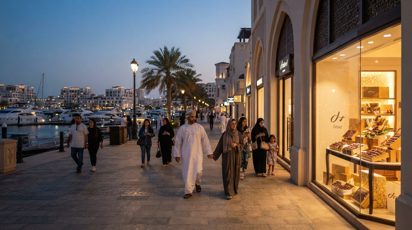 marina-front-promenaden ved Al Mouj med butiksfacader, en Bateel-udstilling og aftengæster der går forbi