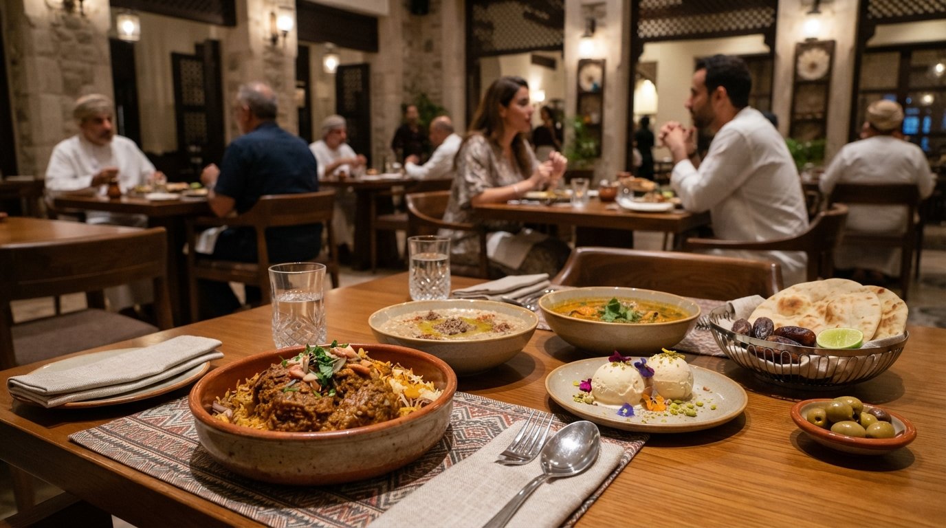 a table at Ubhar in Bareeq Al Shatti with shuwa, harees, Mutrah paplou soup and frankincense ice cream plated for dinner