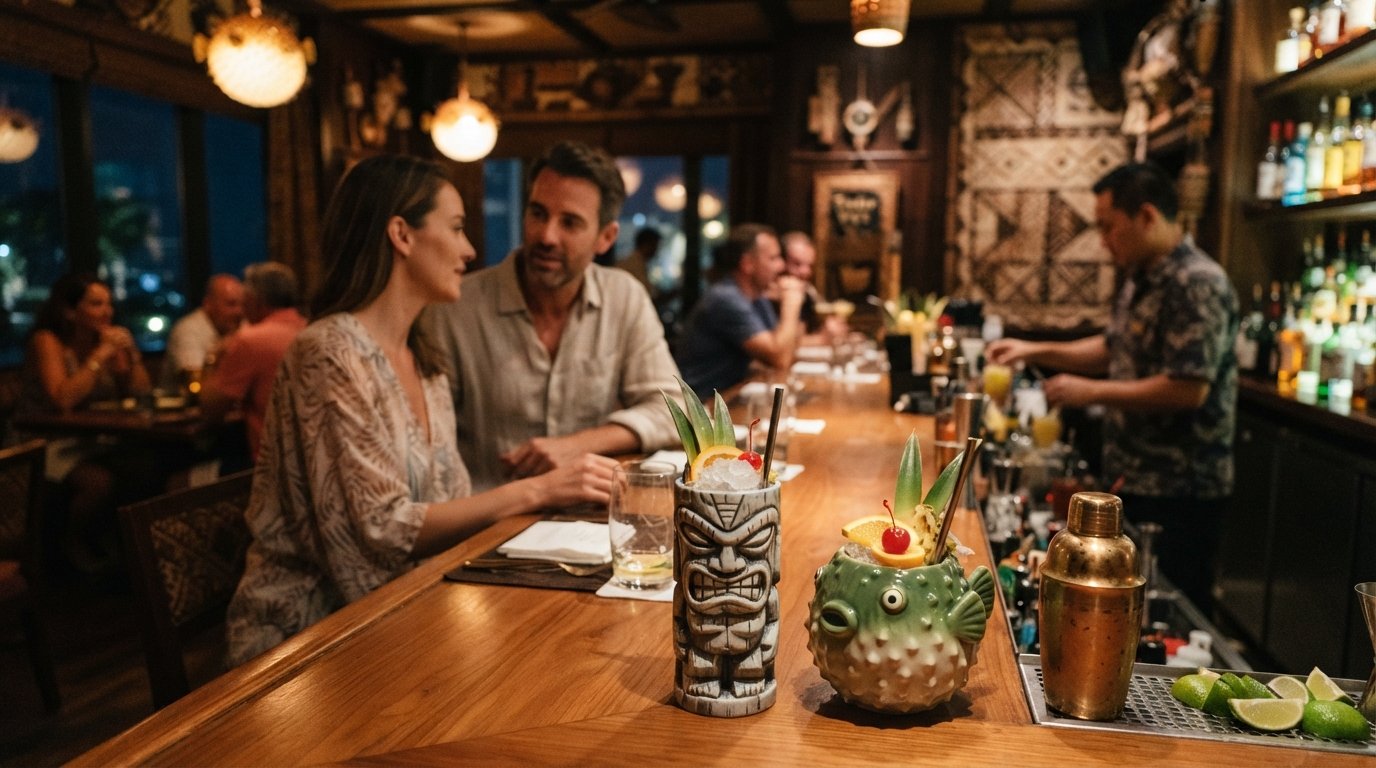 Trader Vic’s at the InterContinental Muscat with tiki mugs, rum cocktails and warm evening light on the bar