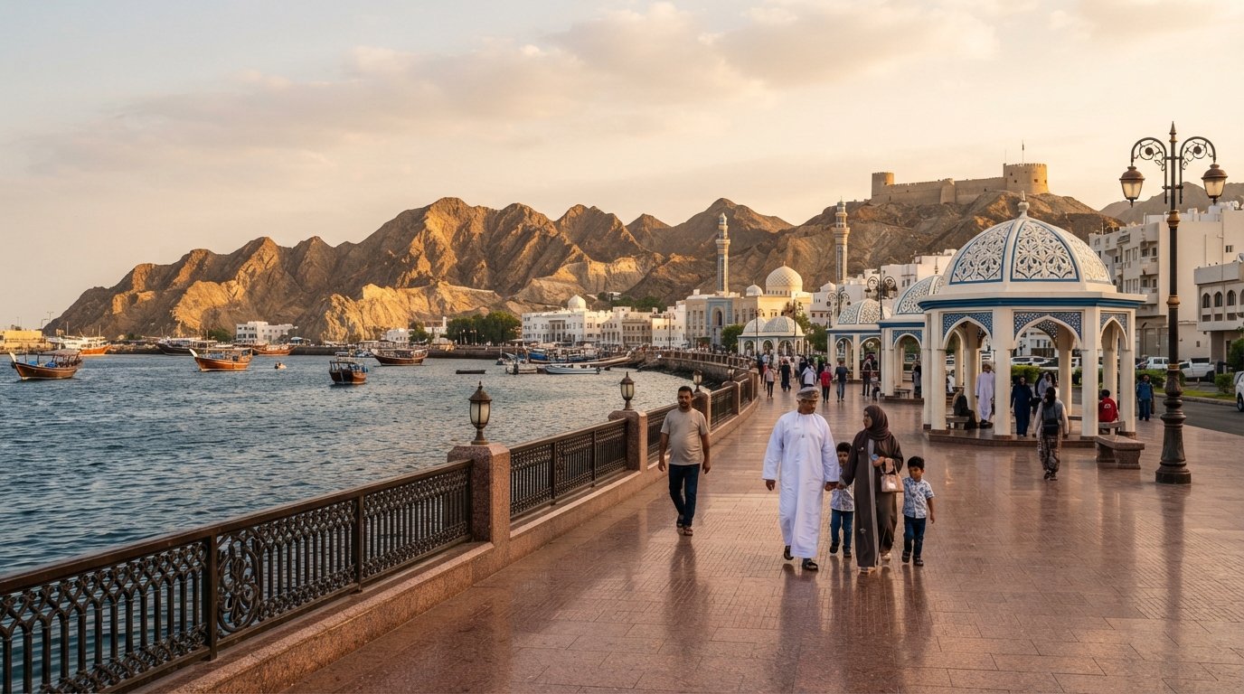 the Mutrah Corniche at golden hour, red-granite paving, domed shade shelters and the harbour on one side, ochre hills rising on the other