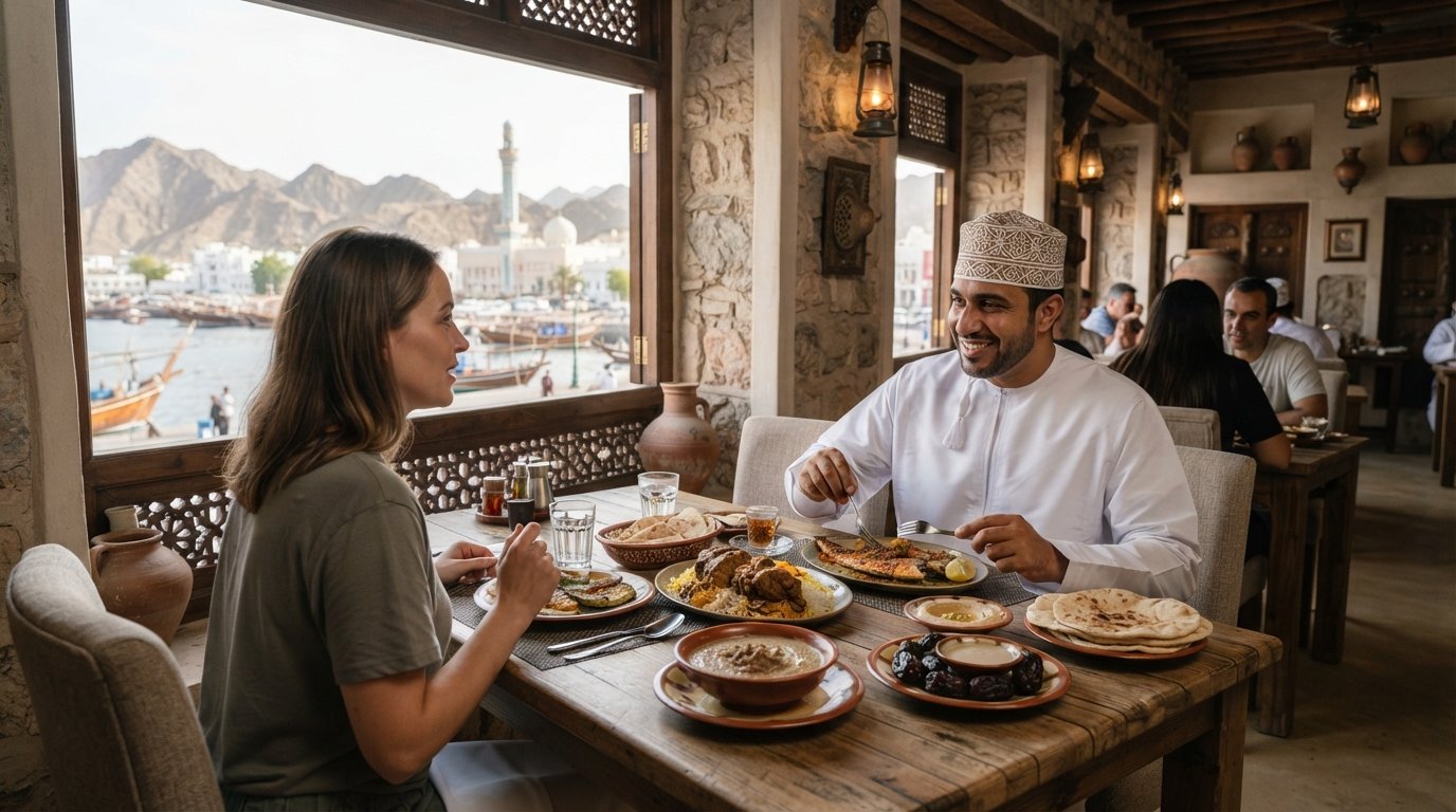 a harbour-facing table at Bait Al Luban with shuwa, grilled kingfish, harees and dates set out in a restored merchant-house dining room
