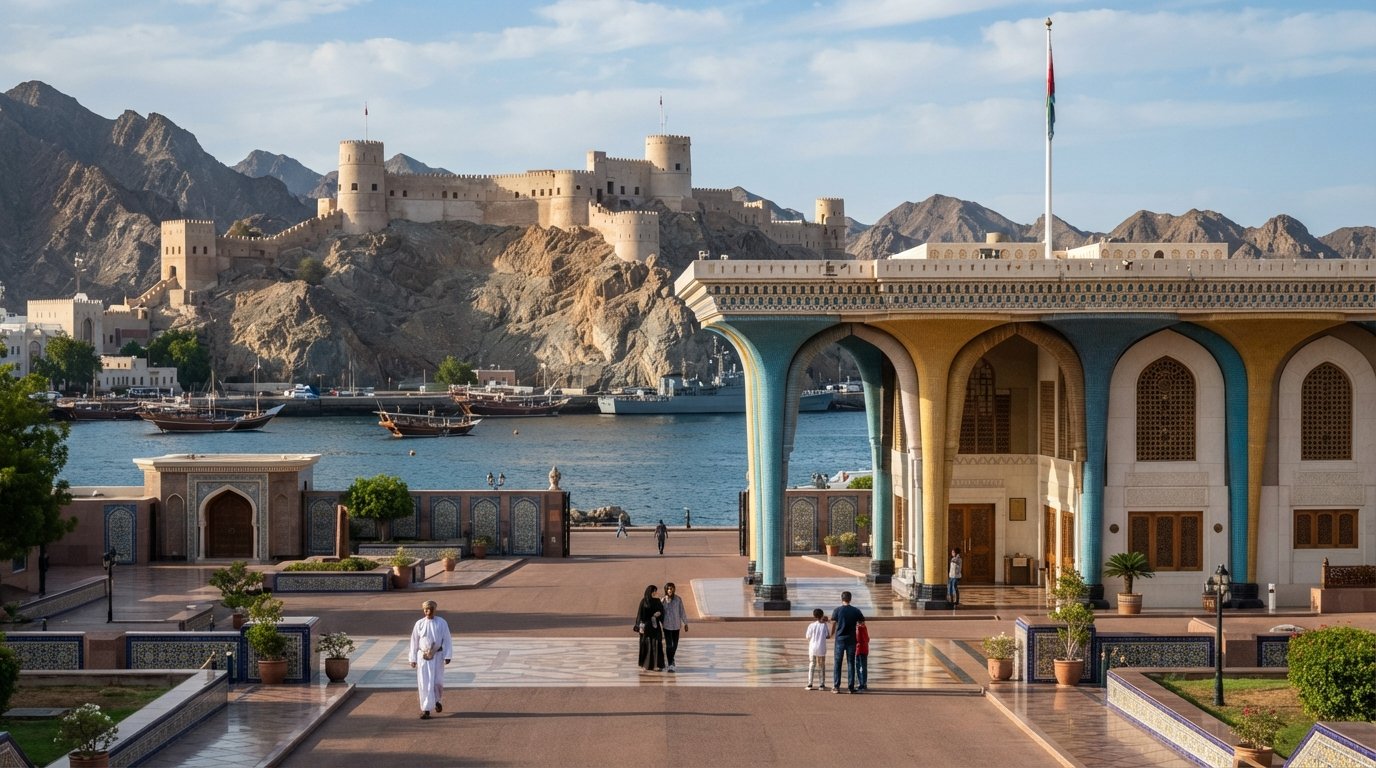 Old Muscat, Muscat: the ceremonial heart behind the mountains