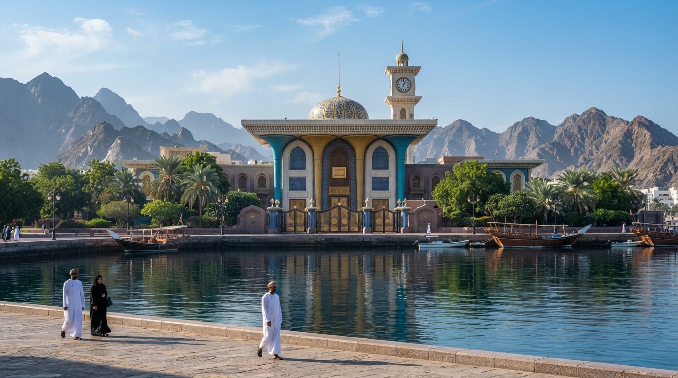 Al Alam Palace at the water’s edge in Old Muscat, blue-and-gold columns and gilded gates against the cove in hard morning light