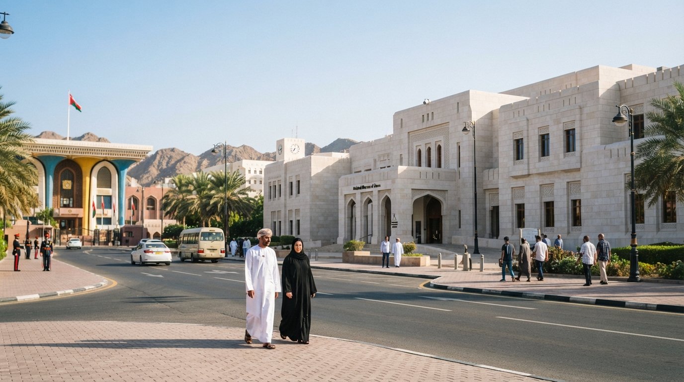 the National Museum of Oman on As-Sa'idiyyah Street, modern pale stone facade opposite Al Alam Palace in bright morning sun