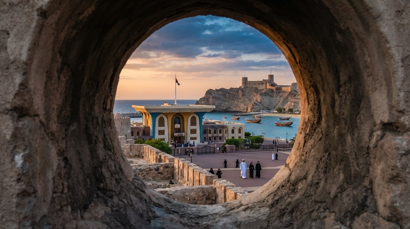 the tower view from Al Mirani Fort, gun holes framing Al Alam Palace, Palace Beach and Al Jalali across the cove at sunset